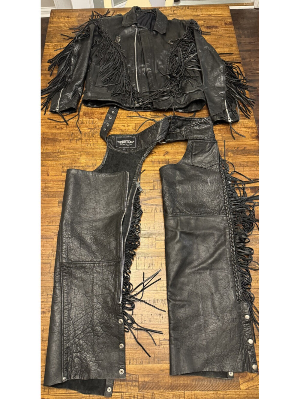 VTG Unik Black Leather Fringe Motorcycle Jacket (Sz 44) & Chaps (Medium) Set